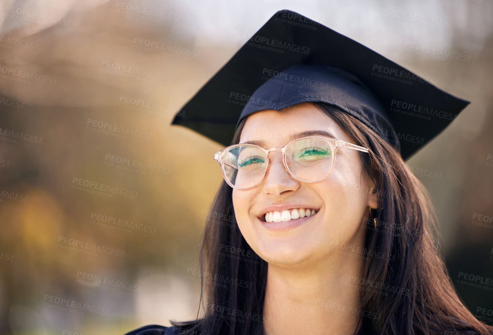 Buy stock photo Portrait, outdoor and girl with graduation, student and university with degree, excited or celebration. Face, person or woman with achievement, success or college with event, scholarship or education
