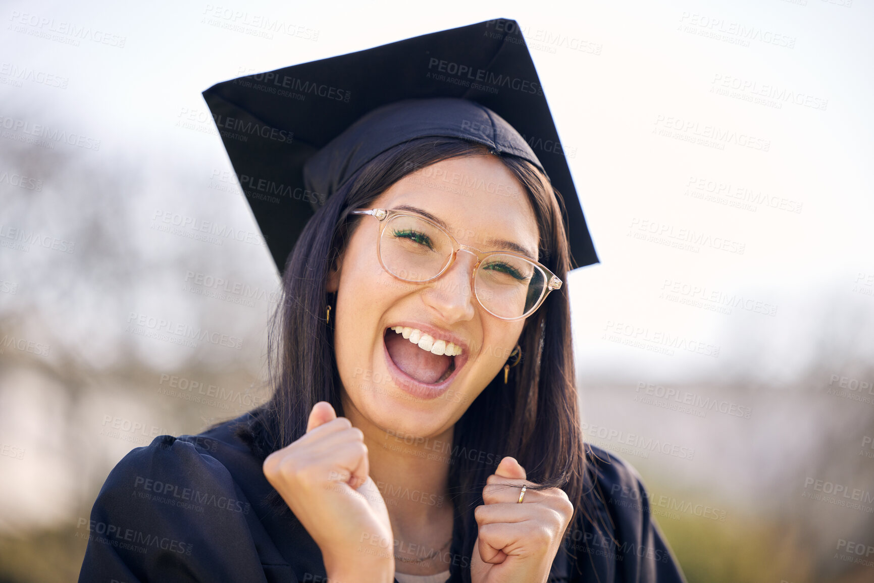 Buy stock photo Portrait, excited and girl with graduation, student and university with degree, education or celebration. Face, person or woman with achievement, success or college with event, scholarship or award