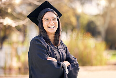 Buy stock photo Success, portrait of woman student and on graduation day at her university outdoors. Achievement or graduate, happiness or celebration and female person happy for college education with smile