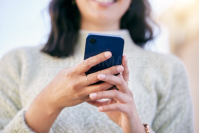 Buy stock photo Hands, phone or woman in park to chat on social media, internet post or news website notification. Outdoor, low angle or closeup person of texting, networking or typing online on blog or mobile app