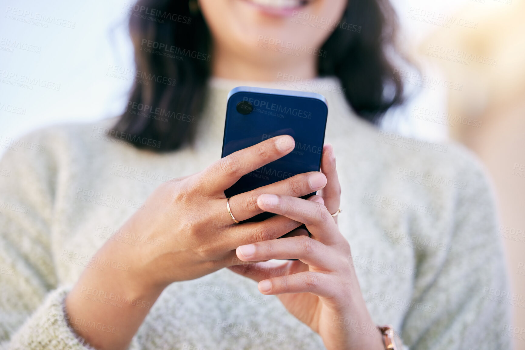 Buy stock photo Hands, phone or woman in park to chat on social media, internet post or news website notification. Outdoor, low angle or closeup person of texting, networking or typing online on blog or mobile app