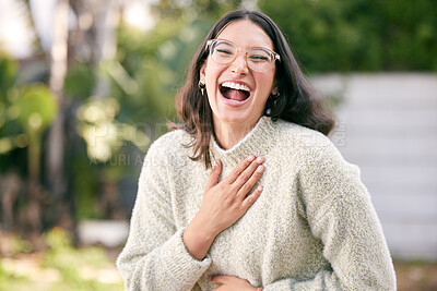 Buy stock photo Happy woman, outdoor and laugh with glasses for joy with career, portrait of teacher in garden. Female professor, cheerful and hand for job with education, wellness on campus or university in Chicago