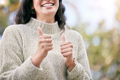 Buy stock photo Outdoor, girl or hands with thumbs up for success, good news or like for feedback in park. Positive icon, great gesture or happy woman with thank you smile, yes sign or vote for okay review in nature