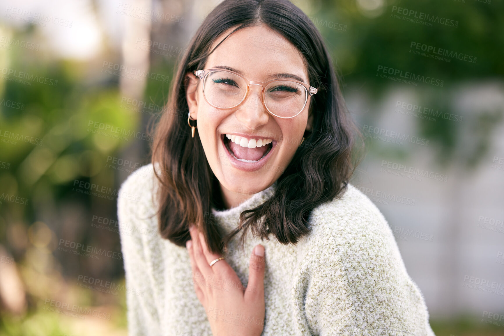 Buy stock photo Portrait, smile and woman with glasses for optometry, vision and eye care while outdoors. Happy, student and free in city with prescription specs, confident and pride in town and excited for eyesight