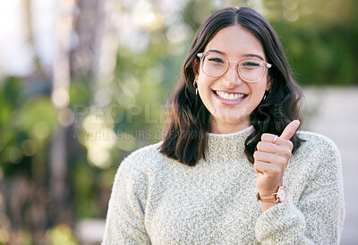 Buy stock photo Park, portrait or happy woman with thumbs up for success, good job or like for feedback in nature. Positive icon, great gesture or excited girl with thank you smile, yes sign or vote for okay review 