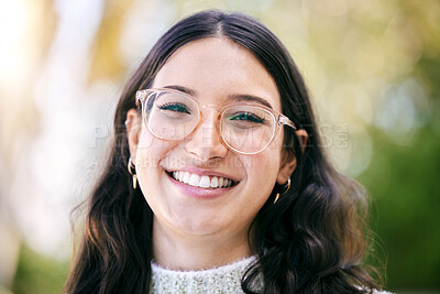 Buy stock photo Woman, happy and smile in portrait by bokeh of student in weekend holiday, vacation and carefree. Female person, laugh and excited for travel opportunity, break and pride by mockup in Australia