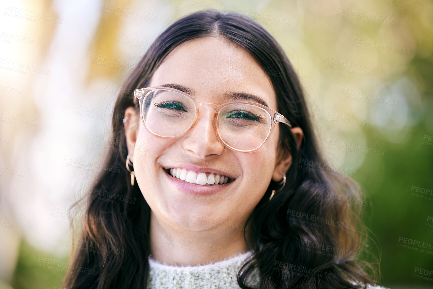 Buy stock photo Woman, happy and smile in portrait by bokeh of student in weekend holiday, vacation and carefree. Female person, laugh and excited for travel opportunity, break and pride by mockup in Australia