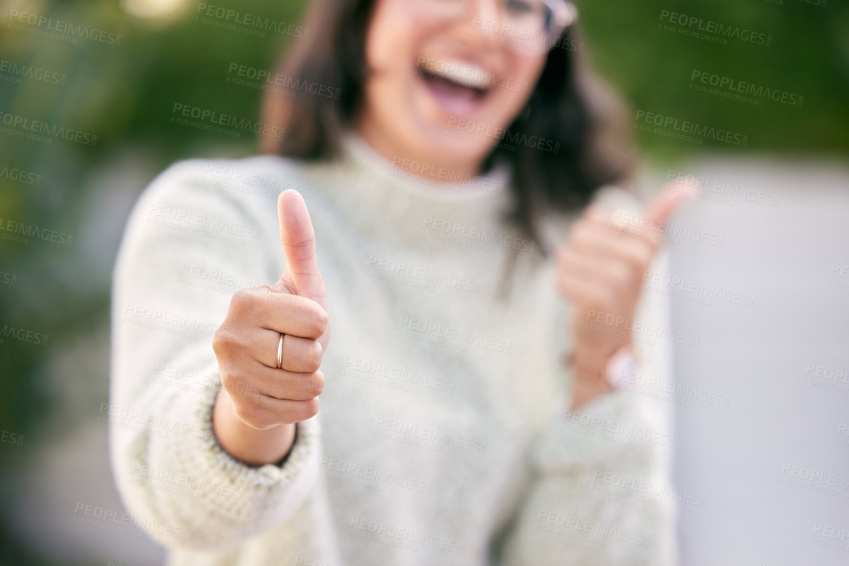 Buy stock photo Outdoor, hands or happy woman with thumbs up for success, good job or like for feedback in park. Positive icon, great gesture or excited person with thank you smile, yes sign or vote for okay review