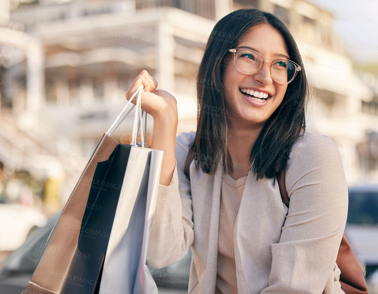 Buy stock photo Shopping, smile and thinking with woman in city for bargain, deal or sale as retail customer. Face, idea and street with happy consumer in glasses for vision in urban town as satisfied shopper