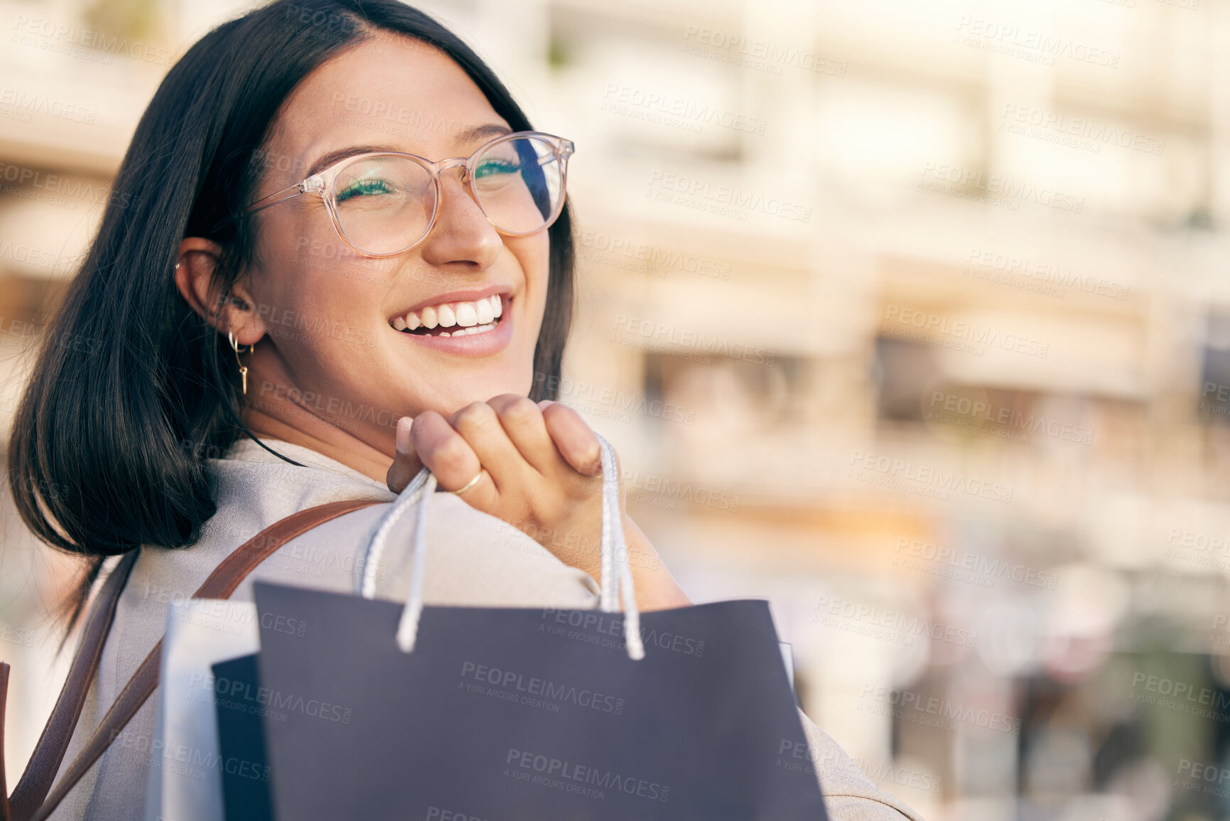 Buy stock photo Excited, girl and portrait of shopping in city with discount sale, promotion or boutique in Italy. Customer, woman and smile with bags from store purchase of retail deal, clothes or fashion in Milan