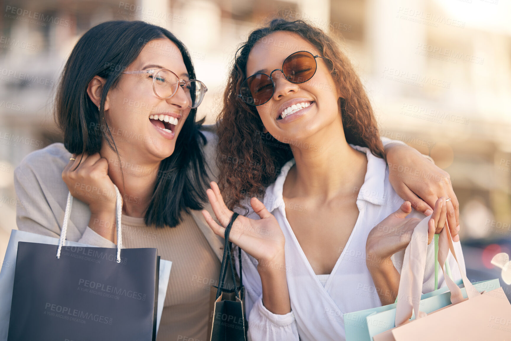 Buy stock photo Friends, laughing and shopping in city with bags from discount sale, promotion or luxury store. Retail, customer and relax on holiday with boutique deal or purchase with happiness, clothes or fashion