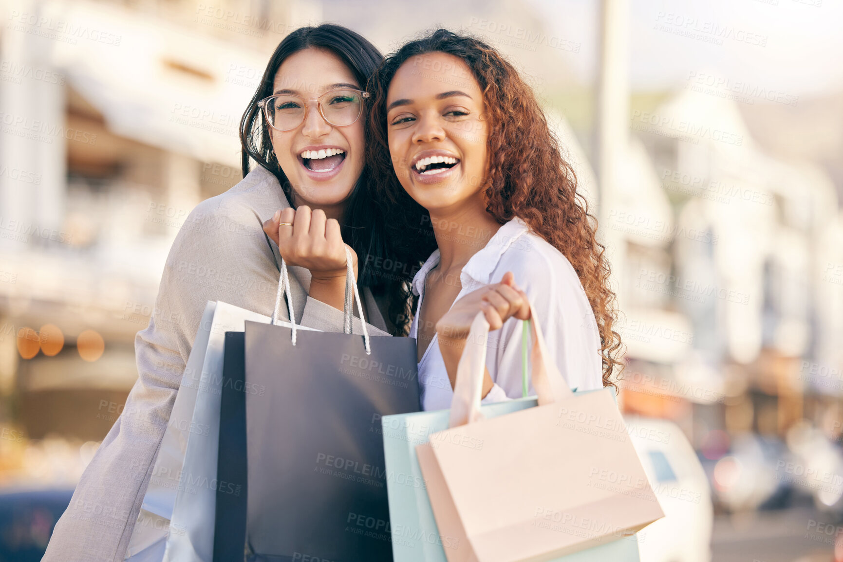 Buy stock photo Portrait, retail and women with bags, city and boutique items, fashion and customer choice with discount. Face, female clients and girls with promotion, sales and luxury with happiness and outdoor