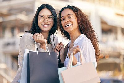 Buy stock photo Portrait, shopping and women with bags, outdoor and retail with boutique items, discount and sales. Face, female clients or customers with consumer choice, outdoor or gift with package, city and deal