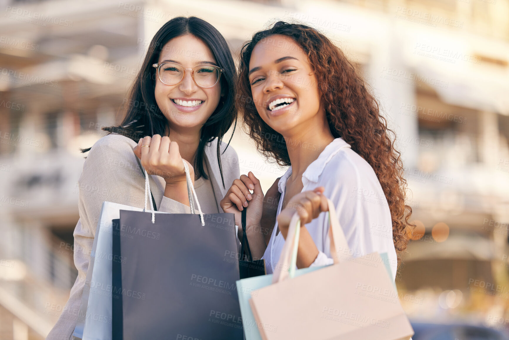 Buy stock photo Portrait, shopping and women with bags, outdoor and retail with boutique items, discount and sales. Face, female clients or customers with consumer choice, outdoor or gift with package, city and deal