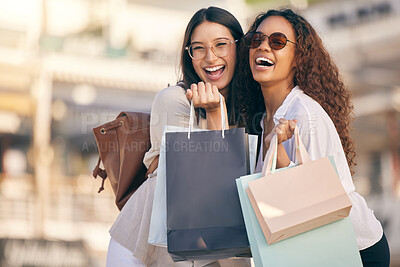 Buy stock photo Portrait, shopping or women with bags, city or retail with boutique items, buyers or fashion. Face, female customer or friends with discount, sales or consumer choice with happiness, funny or outdoor