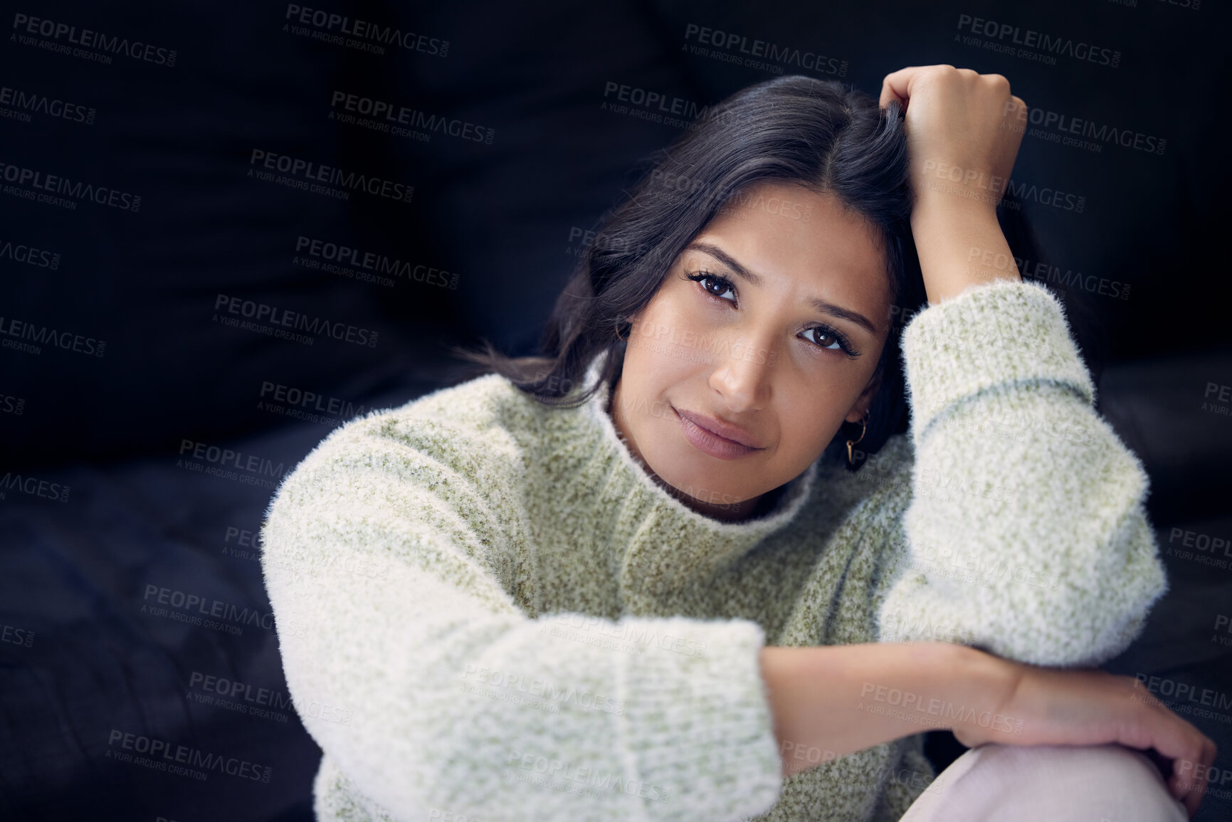 Buy stock photo Portrait, woman and depression in home for anxiety, mental health and frustration from burnout. Sad female person, stress and headache in lounge from problem, crisis and mistake or fear of illness