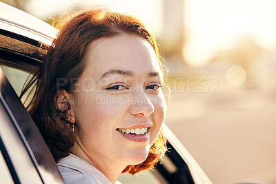 Buy stock photo Portrait of a young woman traveling in a car