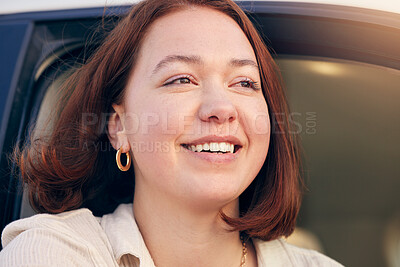 Buy stock photo Thinking, travel and woman in car, smile and adventure with vacation, carefree and summer. Person, explore and girl  in vehicle, freedom and journey with holiday, weekend break and commute with joy