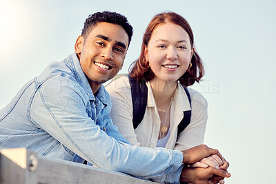 Buy stock photo Sky, portrait or happy couple holding hands on outdoor date for love with support, care or loyalty. Interracial relationship, affection or woman on holiday vacation together to relax, smile or travel