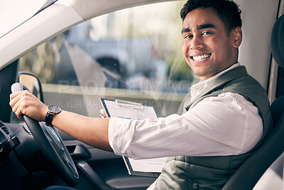 Buy stock photo Portrait, delivery man and clipboard in car for courier, shipping and logistic for products as job. Male driver, service and supplier with transport, documents and confident employee with smile