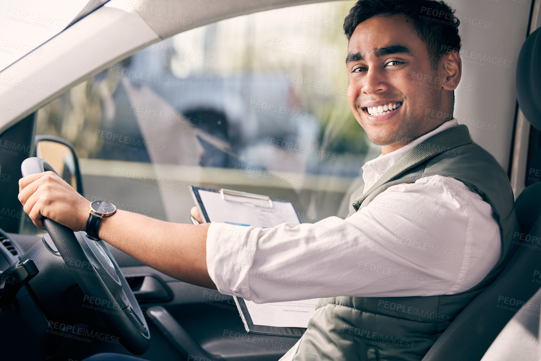 Buy stock photo Portrait, delivery man and clipboard in car for courier, shipping and logistic for products as job. Male driver, service and supplier with transport, documents and confident employee with smile