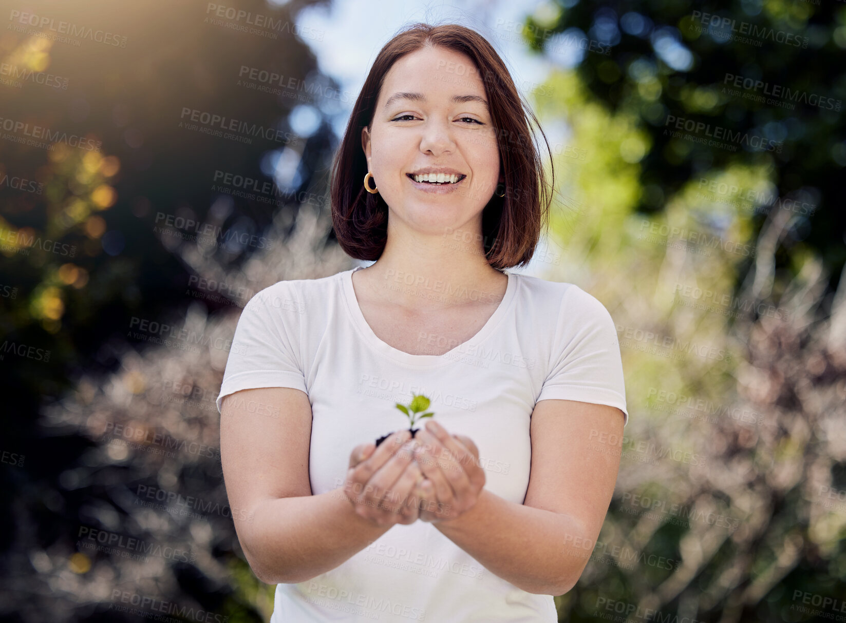 Buy stock photo Woman, portrait and smile with plant for sustainability with eco friendly or pride for green thumb. Outside, happiness and organic for environment with care for earth day with natural harvest.