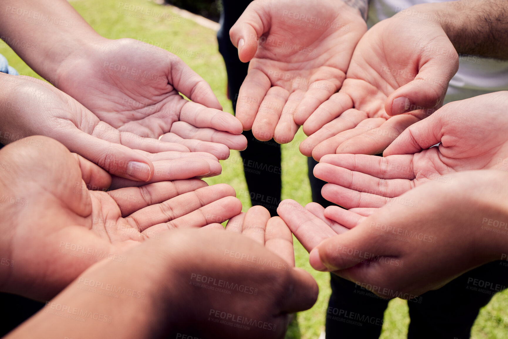 Buy stock photo Group, people and circle with hands open for team building, diversity at workshop or rehabilitation. Together, palms up and cooperation or trust at outdoor event for addiction, unity and commitment