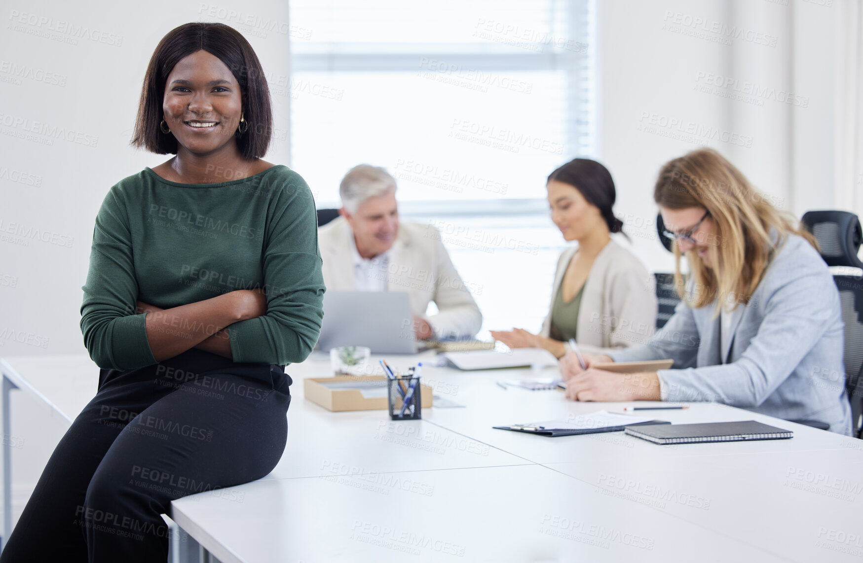 Buy stock photo Business woman, portrait and meeting with employees management and human resources confidence. Professional worker or leader with arms crossed for job values, objective and about us or opportunity 