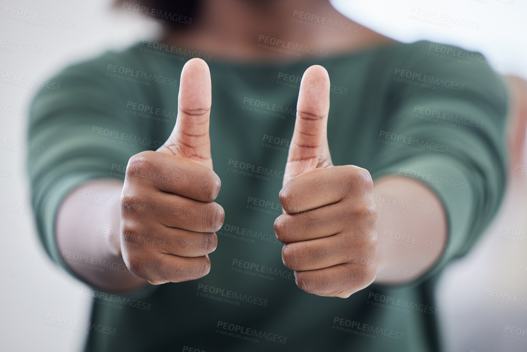 Buy stock photo Business person, hands and thumbs up in office for support, achievement and yes or feedback on hiring goals. Employee or human resources worker with good job, okay or approval of recruitment choice