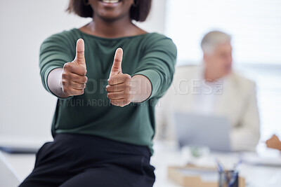 Buy stock photo Shot of an unrecognisable businesswoman showing thumbs up during a meeting in a modern office