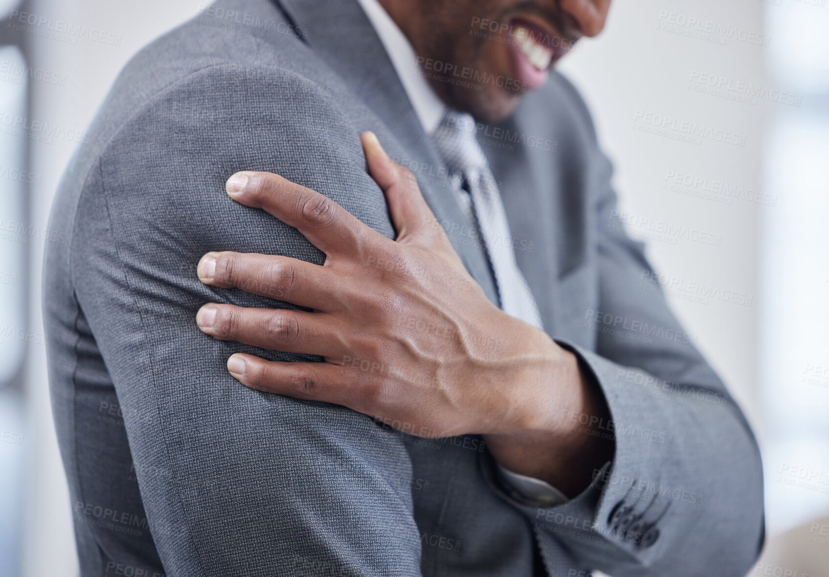 Buy stock photo Businessman, hand and arm with pain in office for muscle fatigue, tension and injury at workplace. Frustrated, man and stress with problem on body for strain, inflammation and pressure in joint