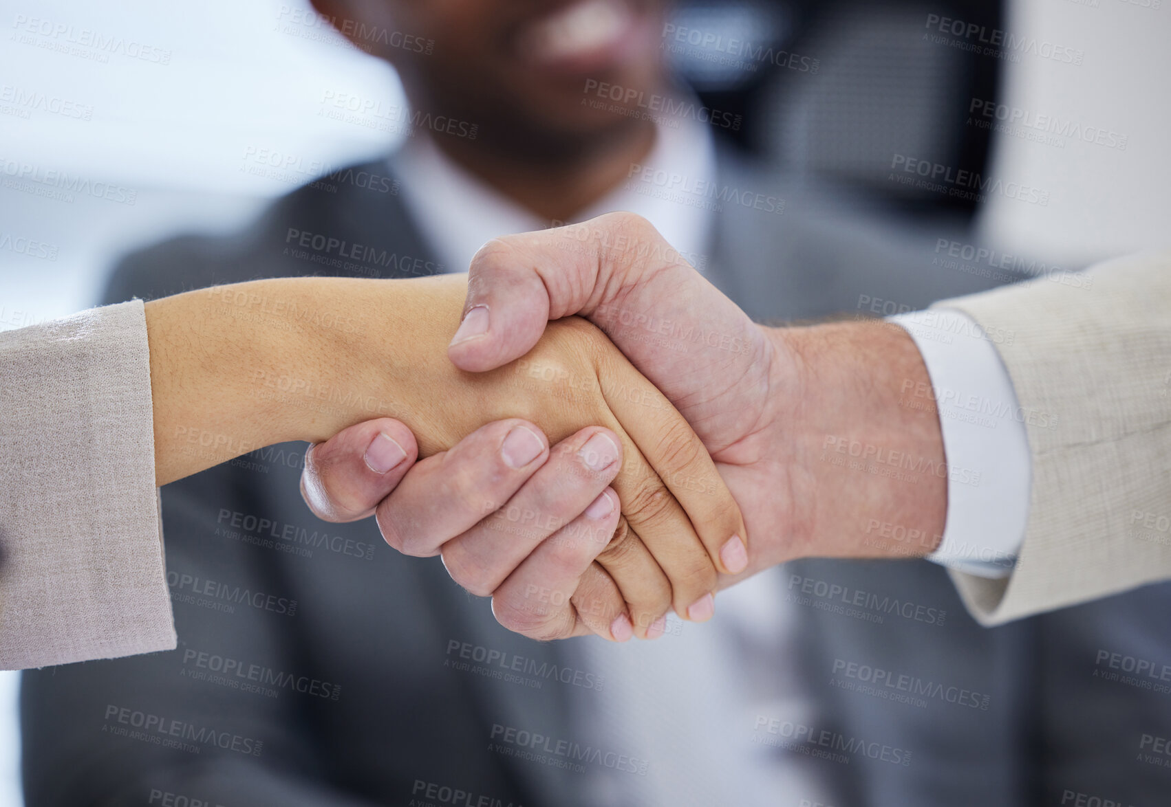 Buy stock photo Business people, meeting and shaking hands for success, agreement or law firm negotiation with deal OR HIRING. Corporate lawyer or clients with handshake for job achievement, praise or partnership