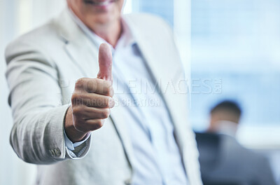 Buy stock photo Cropped shot of a mature businessman showing thumbs up