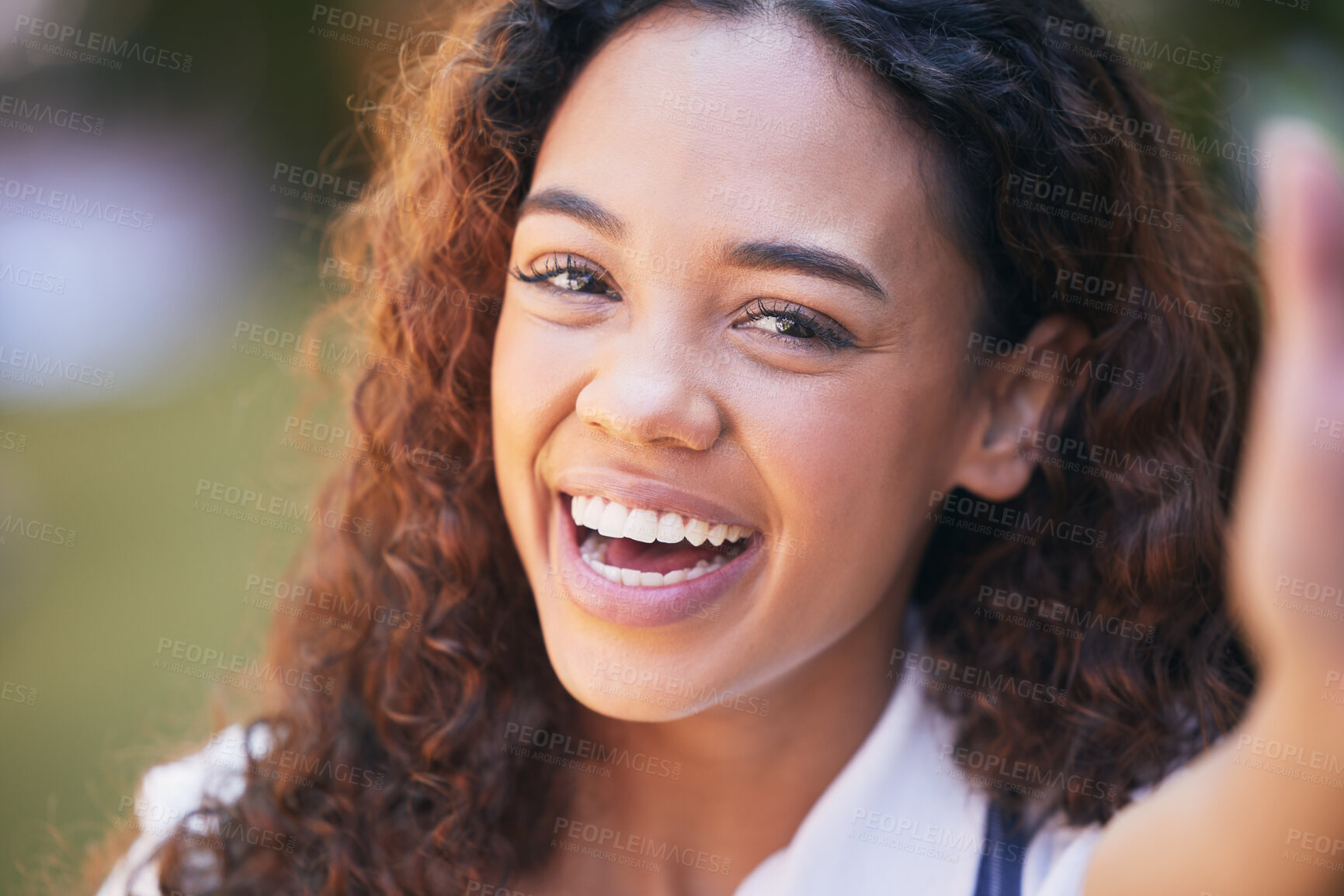 Buy stock photo Smile, selfie and portrait of woman student in outdoor garden, park or field with positive attitude. Happy, pride and female person from Colombia with photography picture in nature for memory.