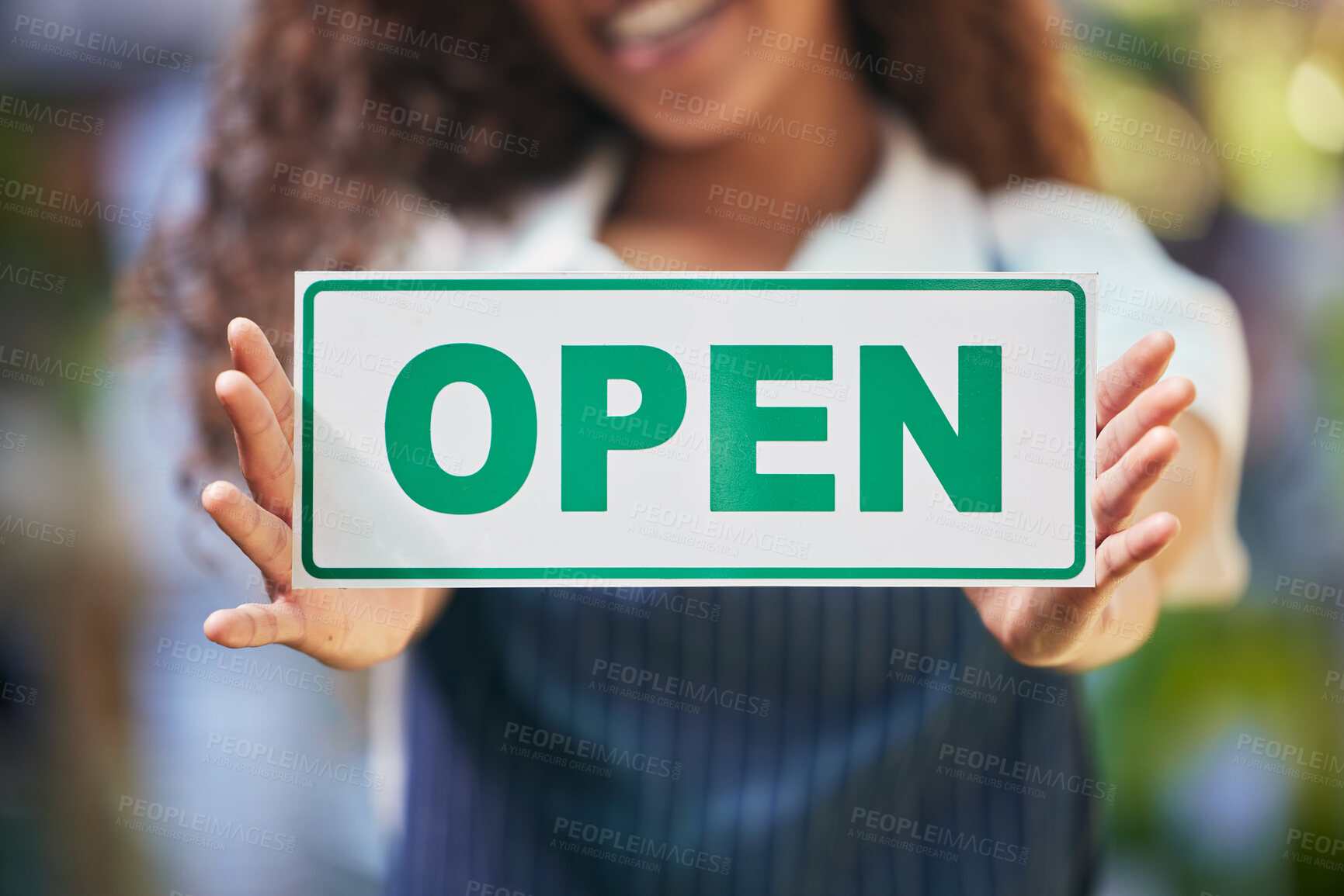 Buy stock photo Woman hands, open sign and small business for cafe with welcome, advertising and startup for service industry. Entrepreneur girl, opening time and signage or poster for coffee shop or restaurant