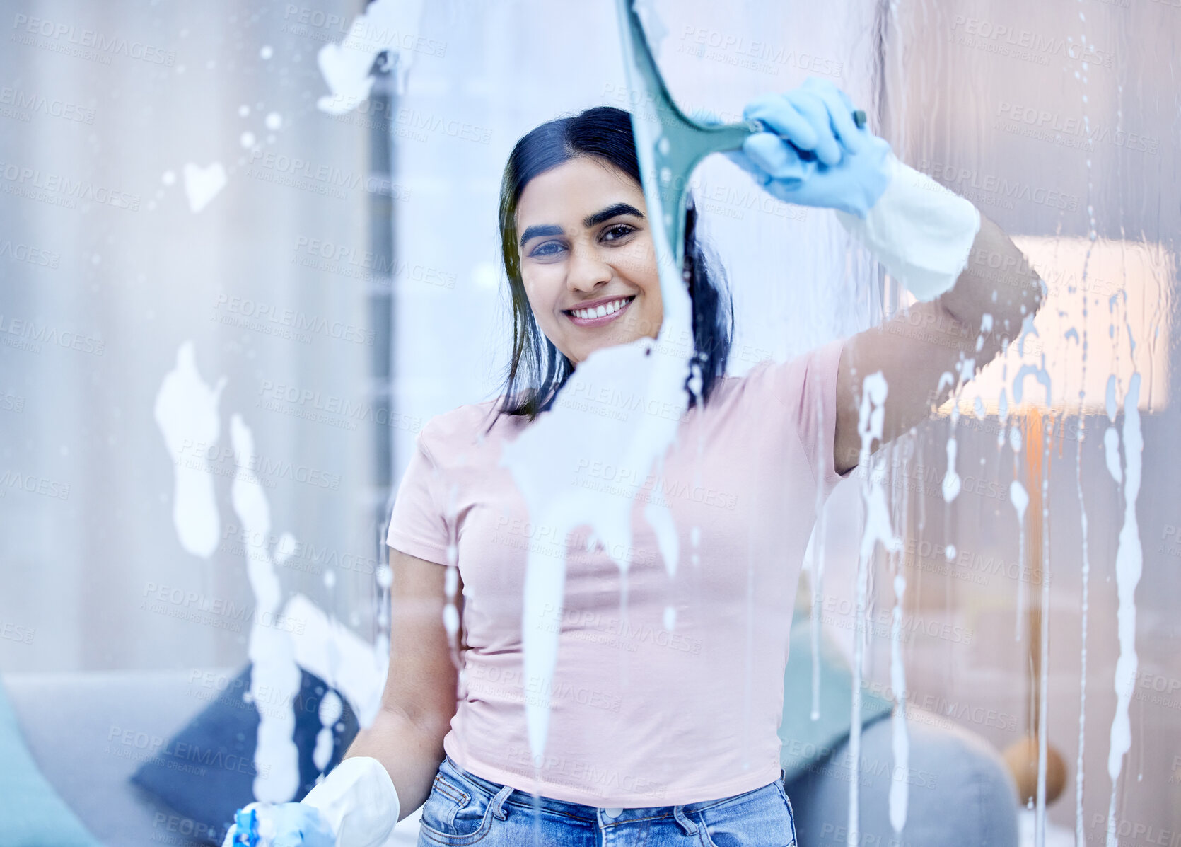 Buy stock photo Woman, smile and window with cleaning in portrait with confidence, germs and disinfectant for hygiene. Fluid, soap and cloth for living room with antibacterial for bacteria with pride for happiness