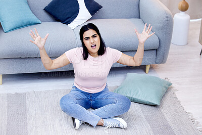 Buy stock photo Woman, frustrated and portrait in home floor with angry, moody and burnout in apartment. Tired gen z person, stress and sitting on living room carpet with fatigue, upset and unhappy feeling by sofa
