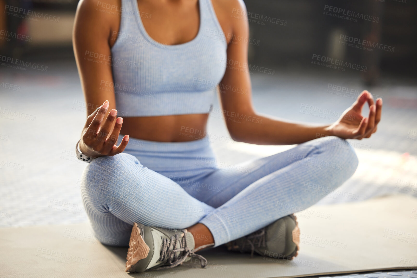 Buy stock photo Meditation, yoga and hands of woman in gym for wellness, mindfulness and breathing exercise on floor. Mental health, meditate and female person in lotus pose for calm, zen and balance in fitness