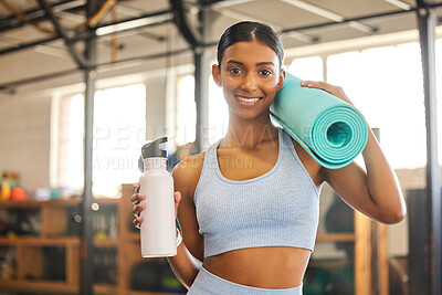 Buy stock photo Mat, portrait or Indian woman with water in gym ready for training, workout or exercise with smile. Fitness, athlete smiling or happy girl with bottle for healthy liquid hydration to start exercising
