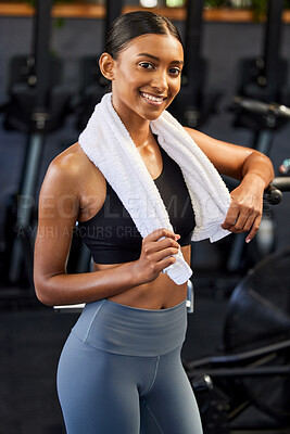 Buy stock photo Fitness, portrait or happy Indian woman at gym for a workout, exercise or training for healthy body. Face, sports girl or proud athlete smiling or relaxing with positive mindset, smile or wellness 