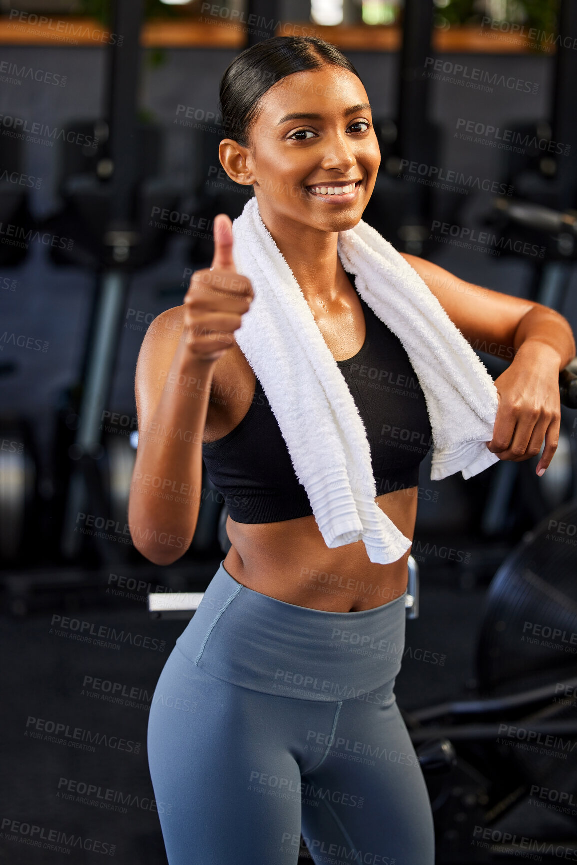 Buy stock photo Gym, portrait or happy Indian woman with thumbs up in fitness training with positive mindset or motivation. Wellness, smile or healthy personal trainer in workout with like hand gesture or thumb up