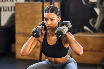 Buy stock photo Fitness, squat or woman with dumbbells training, exercise or workout for powerful arms or muscles in gym. Dumbbell squats, bodybuilder or Indian girl athlete lifting weights or exercising biceps 