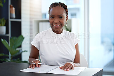 Buy stock photo Portrait, black woman and paperwork with pen in office for new opportunity, business deal or proposal. Female person, smile and document to sign for career, sales agent and professional in workplace