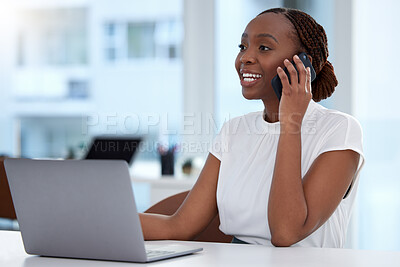 Buy stock photo Black woman, phone call and talking with smile in office, chatting or speaking with contact in workplace. Technology, female person and smartphone for discussion, business deal or conversation