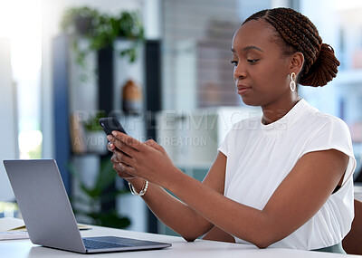 Buy stock photo Black woman, smartphone and message in office, chatting or networking with contact in workplace. Tech, female person and cellphone for discussion, business deal or conversation online with connection
