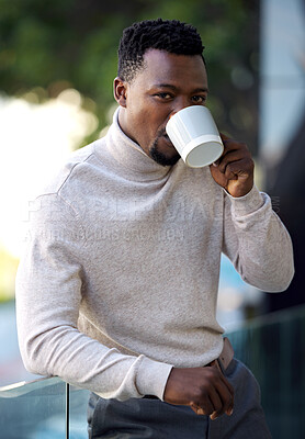 Buy stock photo Portrait, balcony and business with black man, coffee and relaxing with break, caffeine and entrepreneur. Face, African person or agent with morning tea, confidence and proud with latte or cappuccino
