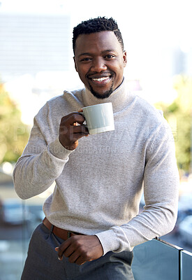 Buy stock photo Business, black man and portrait with coffee, happy and calm outside for break. Staff, African male person and graphic designer with company, worker and cup or enjoy caffeine and work balcony