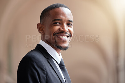 Buy stock photo Smile, business and portrait of black man in city for confidence, happiness or positive mindset. Professional, corporate lawyer or male person for growth, pride or job opportunity with lens flare