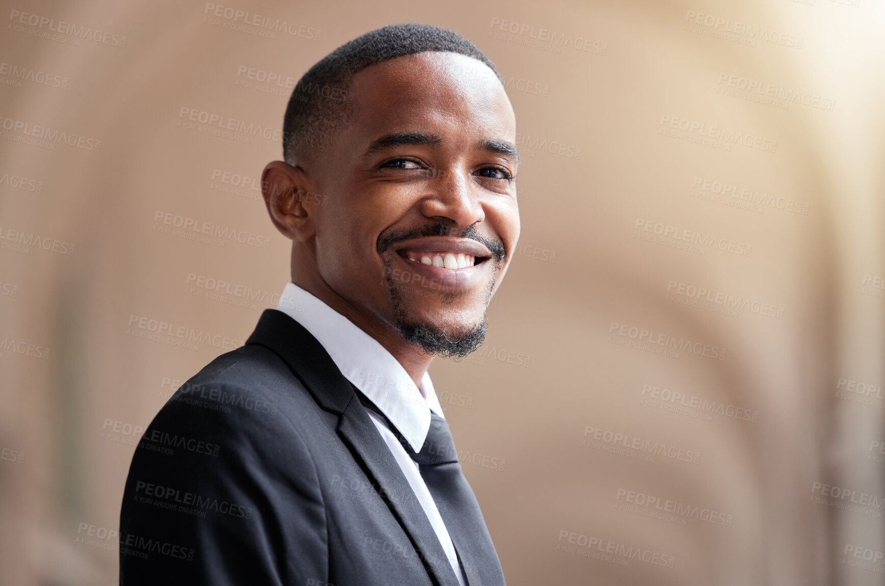 Buy stock photo Smile, business and portrait of black man in city for confidence, happiness or positive mindset. Professional, corporate lawyer or male person for growth, pride or job opportunity with lens flare