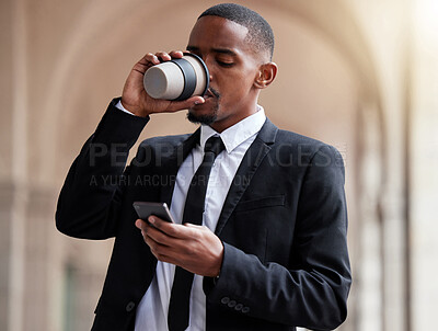 Buy stock photo Corporate, coffee and black man with smartphone in city for networking, communication or social media. Break, drinking tea and lawyer on mobile for browsing internet, texting or app with lens flare